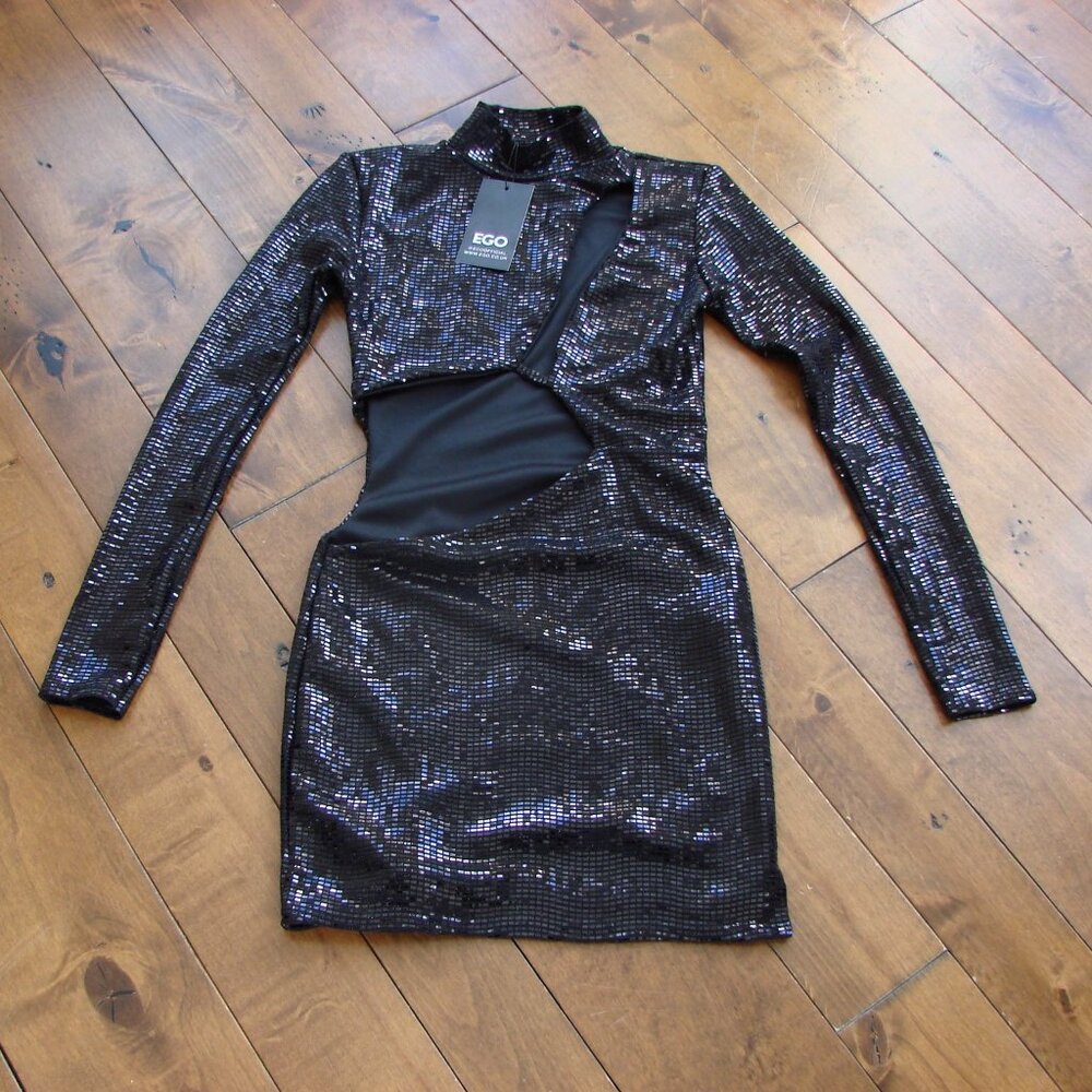 EGO Black Sequin Cut Out Mini Dress Holiday Party BRAND NEW WITH TAGS NWT NEW 8